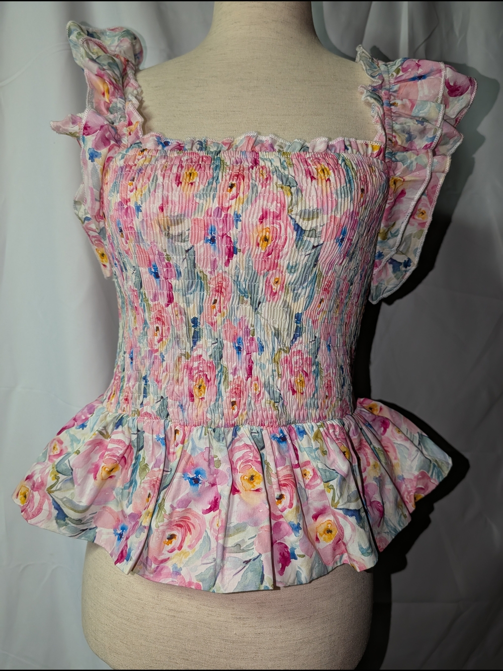 Floral Pink Smocked Ruffle Peplum Tank Top